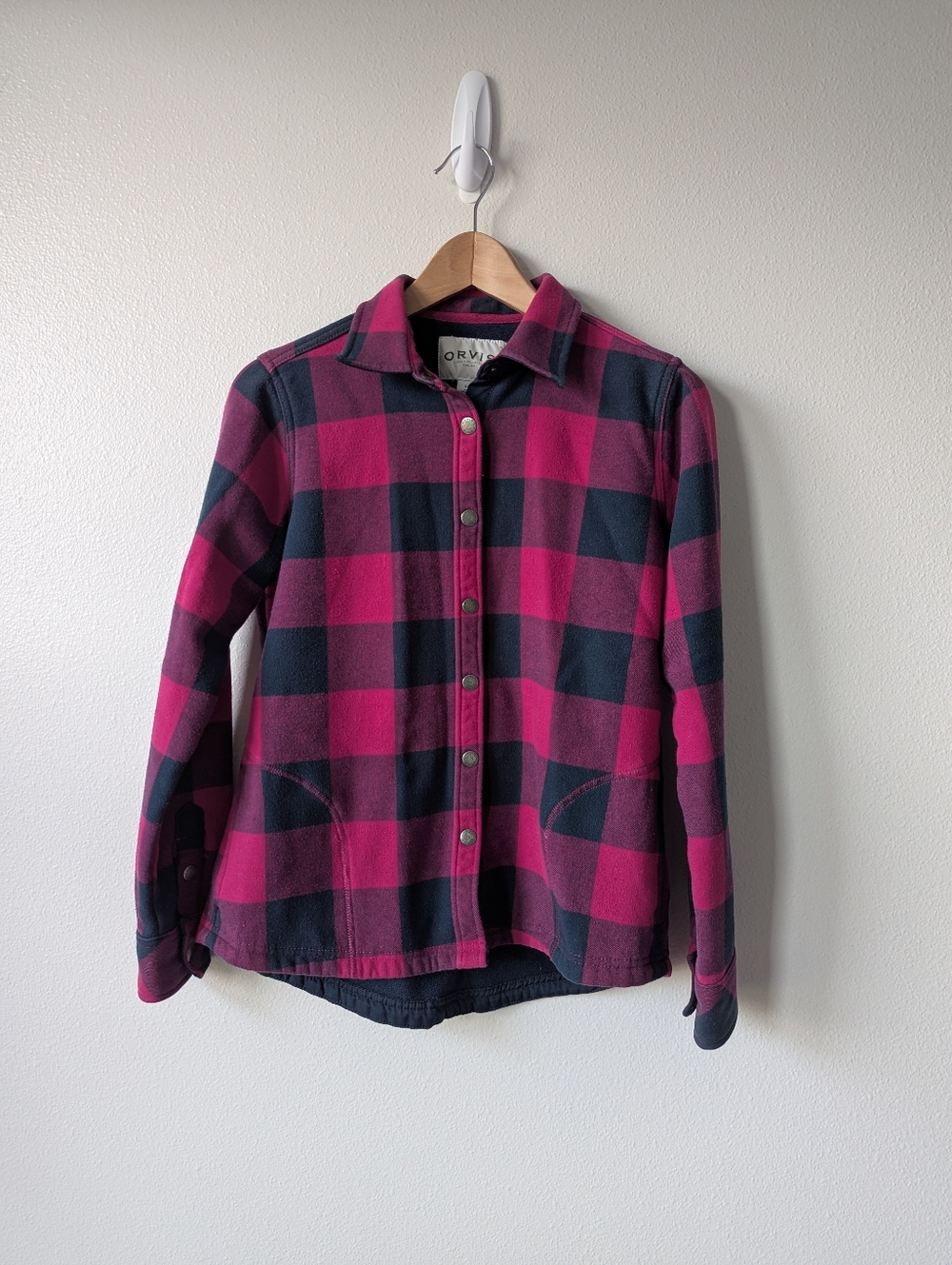 Orvis Plaid Button Up Flannel Jacket in Navy & Pink Size S